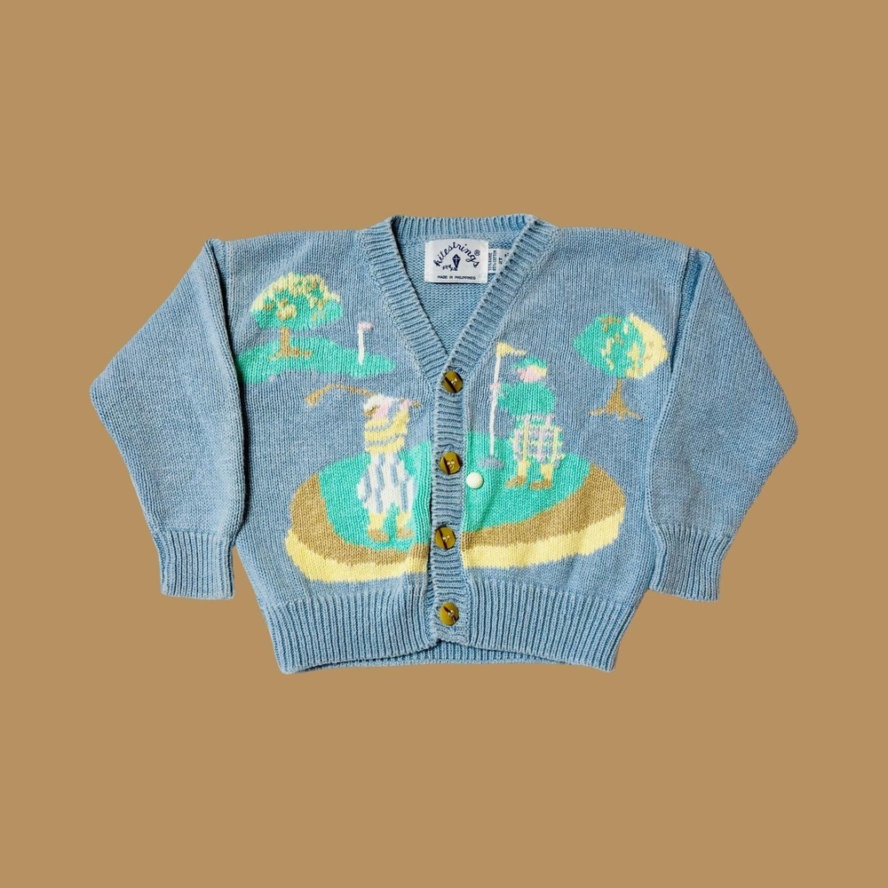 Vintage Kids Golf Theme Novelty Print Chunky Sweater Cardigan,‎ Size 2T
